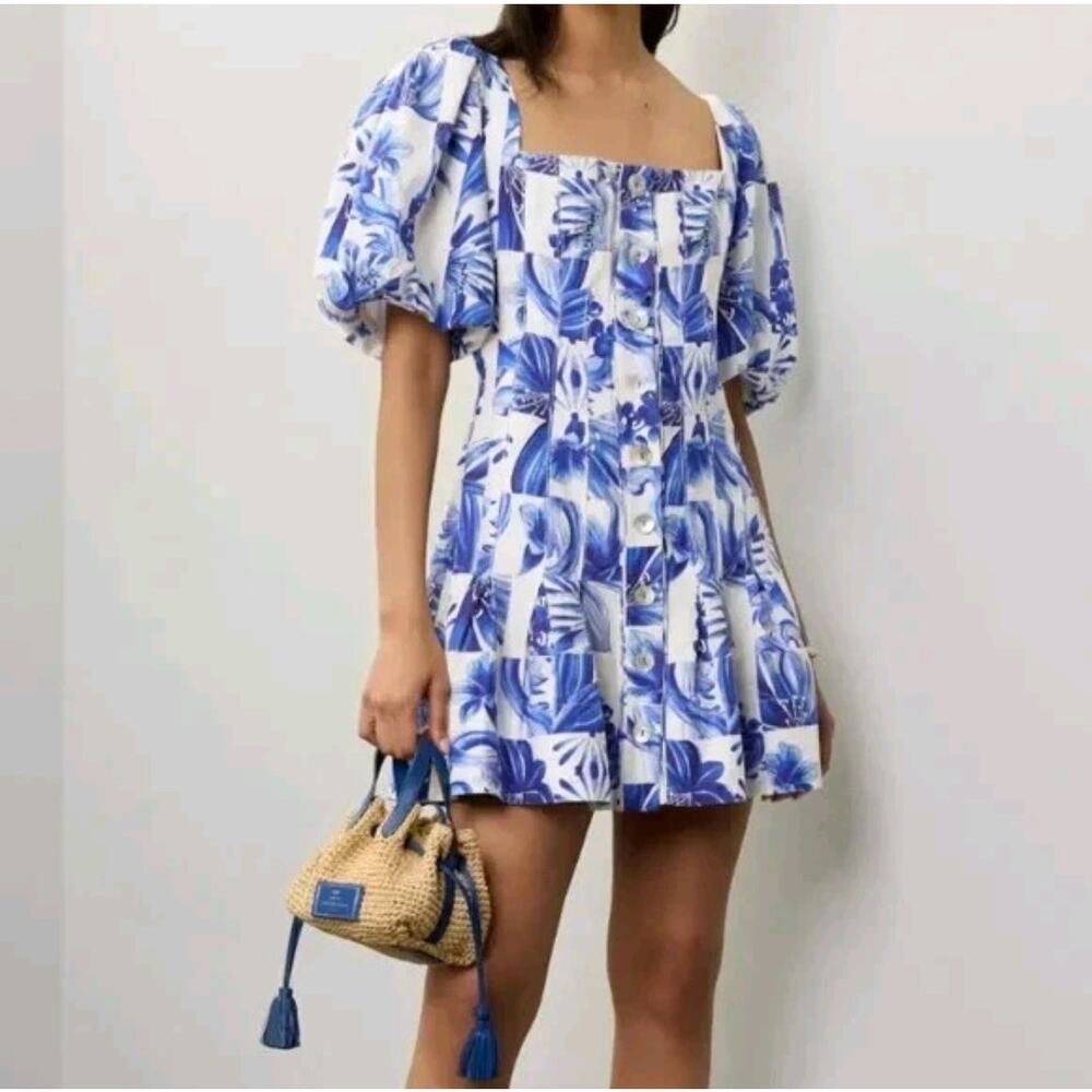 Caroline Constas Blue Floral Puff Sleeve Linen Blend Dress NWT